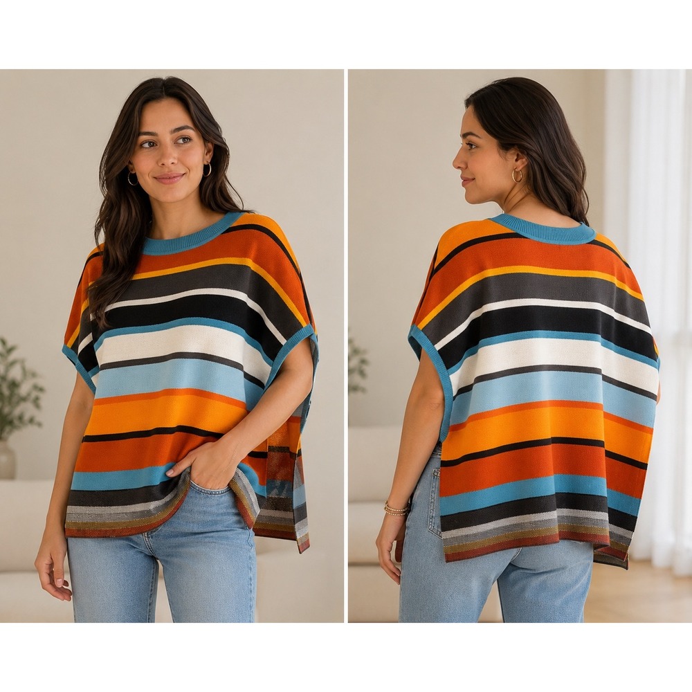 Monroe & Main Multi-Color Striped Knit Poncho Sweater Crew Neck‎ L/XL
